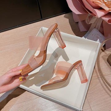 emuy透明高跟鞋女夏季新款氣質名媛水晶外穿拖鞋裸色方頭粗跟涼鞋