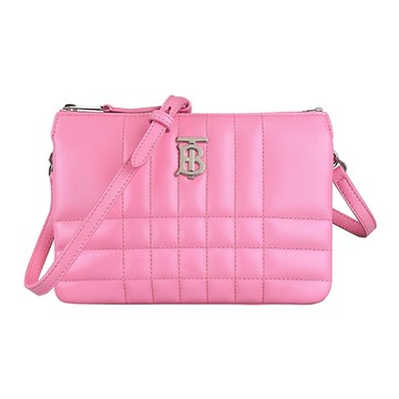 BURBERRY 巴寶莉  LOLA銀字LOGO绗線設計羔羊皮雙層拉鍊斜背包(櫻花草粉)