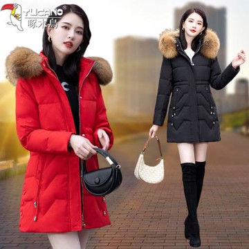 啄木鳥羽絨服女士冬裝中長款新款媽媽時尚洋氣秋冬季收腰紅色外套