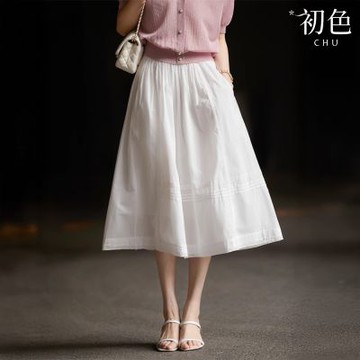 初色 純色清新文藝蕾絲收腰口袋中長半身裙-共2色-11239(M-XL可選)