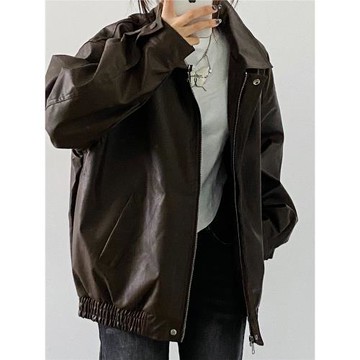 RPAO美式復古翻領皮衣外套男女街頭中性潮牌棕色美拉德穿搭上衣秋