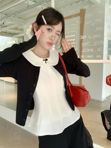 【missy shop】香頌佳人娃娃領收腰上衣罩衫長褲套裝-87950