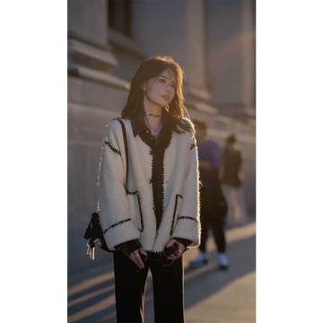 法國Rouje Damas小香風毛衣開衫女秋冬氣質慵懶風黑白撞色外套