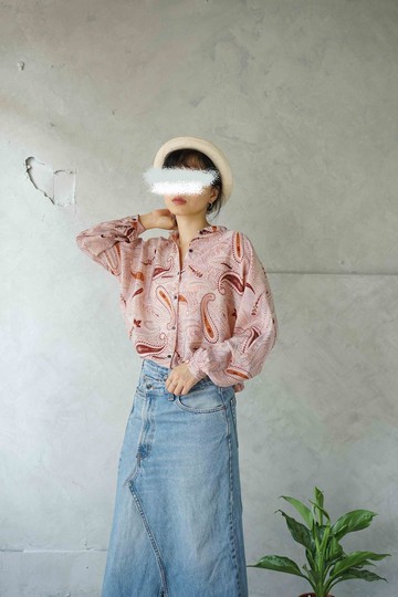 尋寶古著-嬉皮風格棕色變形蟲透膚雪紡飄逸襯衫