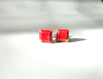 kotsubu 陶瓷耳環 方形 紅色