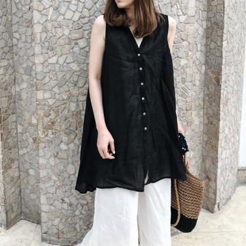 2025春夏新女 日系大碼開衫V領中長款棉麻亞麻苧麻背心無袖襯衫