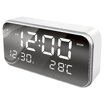 WE CHAMP 智能夜光LED鏡面多功能萬年曆音樂鬧鐘 WTB-358  白殼白光