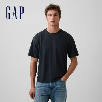 【GAP】亞麻棉混紡寬鬆短版T恤-無月黑(895188)