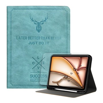 vXTRA 飛創 防潑水鹿頭壓紋 二代筆槽版平板皮套 + 玻璃貼套組  2025 iPad 11代/2022 iPad 10代 共用  蒂芬藍綠  1組