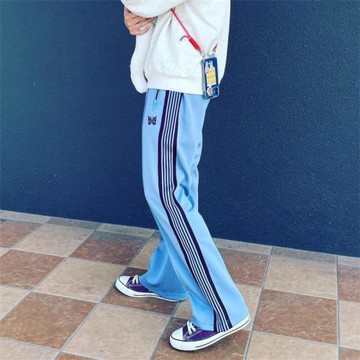 過驗Needles track新款淺藍色條紋蝴蝶繡花運動休閑日系長褲男女