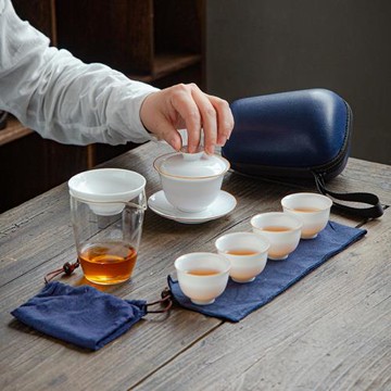 薄胎羊脂玉蓋碗旅行茶具套裝甜白玉瓷快客杯玻璃一壺四杯簡約便攜