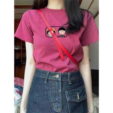 美式復古玫紅色正肩印花短袖T恤女2025夏季高級感別致上衣ins修身