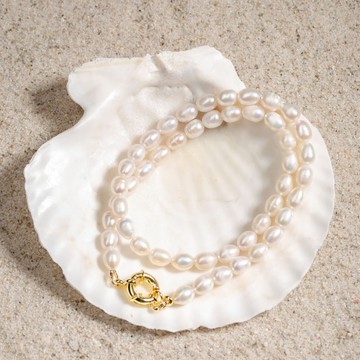 天然白色米型珍珠項鍊 5–6mm 金色航海扣 日系極簡 情人節禮物