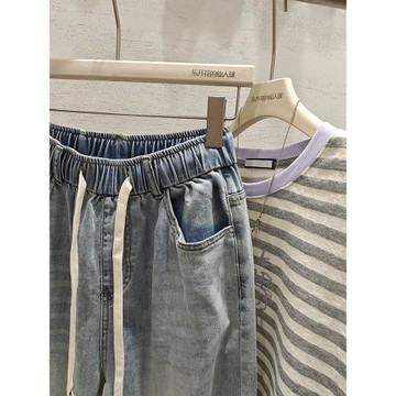 SY思穎巨顯瘦松緊腰微彈薄牛仔褲哈倫褲女2025夏寬松蘿卜老爹褲潮