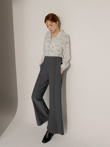 不易皺立體雙車線後鬆緊開衩長褲