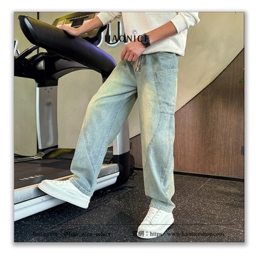 【HAO NICE】美式潮流風格水洗復古彎刀牛仔褲 休閒長褲 重磅 穿搭 特殊剪裁