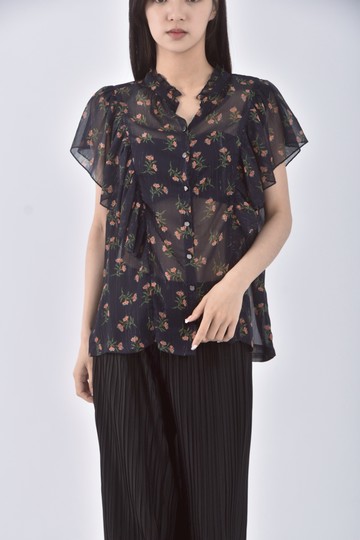 (S) suncoo質感紡紗花紋藍色短袖上衣