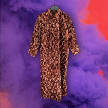 二手 咖啡色 絨布 紋路 偏薄 古董訂製 長袖 旗袍 PF1215