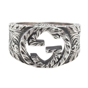 GUCCI 經典雙 G LOGO 925純銀寬版戒指(復古銀色)