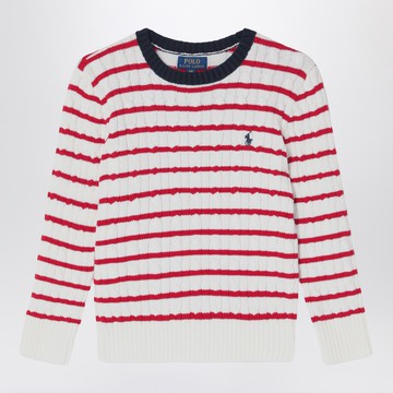 White/red striped cable-knit jumper