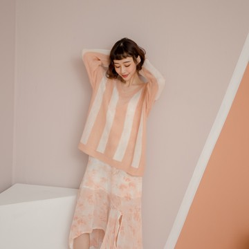 套裝 條紋寬鬆毛料罩衫+細吊帶雪紡印花下擺不規則洋裝 (果綠 鵝黃 粉橘) 12062012