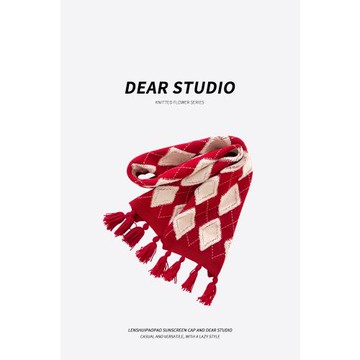 光遇同款紅色菱形格紋針織圍巾女冬季學生保暖百搭情侶披肩圍脖潮