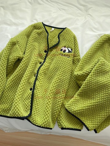 珊瑚絨秋冬季睡衣 女款睡豬豬綠色高級感開衫家居服【樹可雜貨鋪】【不二雜貨】