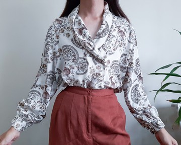 復古 80 年代巴洛克古董印花襯衫雙排扣頂部花卉花瓶印花