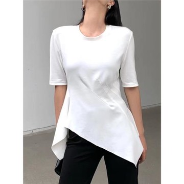 歐洲站2025新品短袖設計感不規則長T恤修身顯瘦復古純色韓版減齡