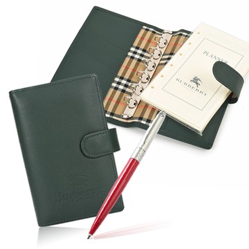 (兩件組) BURBERRY 巴寶莉 經典戰馬LOGO皮革6孔活頁手帳冊+LOGO斜格旋轉油性原子黑筆組合