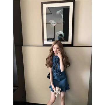 顯瘦新款miu系復古牛仔裙蝴蝶結深藍色連衣裙女氣質中短裙夏