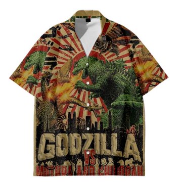 美式復古怪獸印花襯衫男休閑超大碼寬松街頭海灘夏威夷花襯衣時尚