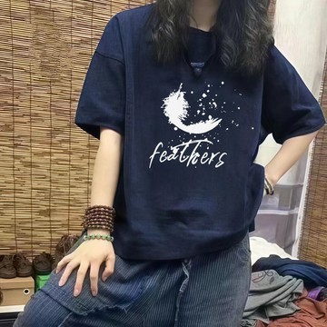 羽毛 設計感小眾 100%純棉 夏季上衣 短袖T恤女 圓領上衣 寬鬆大碼 休閒百搭 洋氣上衣 印花T