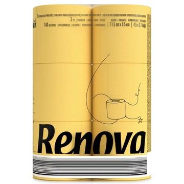 RENOVA 滾筒式彩色木質檀香卷紙-黃色純色六入(三層紙張140張x6卷x1組)