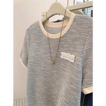 拉夏貝爾小香風圓領短袖t恤女夏2025新款設計感正肩半袖修身上衣