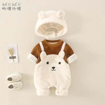 超萌嬰兒衣服秋冬裝加絨外套新生寶寶連體衣秋冬外出保暖哈衣爬服