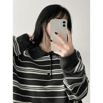 Codibook｜韓國 HIJJOO 休閒黑色開襟翻領寬鬆針織上衣［預購］針織衫 polo-shirt 女裝