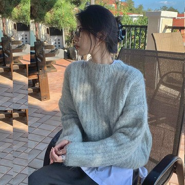 歐貨高級質感針織衫上衣韓國東大門復古顯白慵懶灰色羊絨毛衣女冬