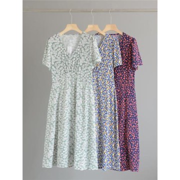 歐美 V領收腰女裝碎花短袖女裙夏裝新款寬松顯瘦氣質中長款連衣裙