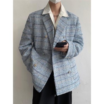 陳大富高級感秋冬藍色粗花呢小香風雙排扣西服外套男士寬松西裝潮