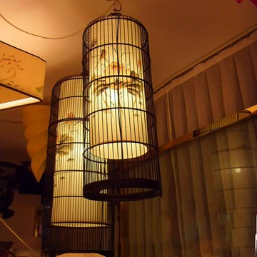 現代中式古典鐵藝鳥籠吊燈 簡歐式鐵藝異形仿古手繪羊皮工程吊燈