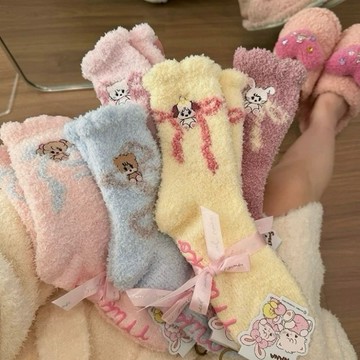 桃園倉庫🐱可愛珊瑚絨毛毛襪子女兒童冬季加厚加絨保暖月子地板襪長家居