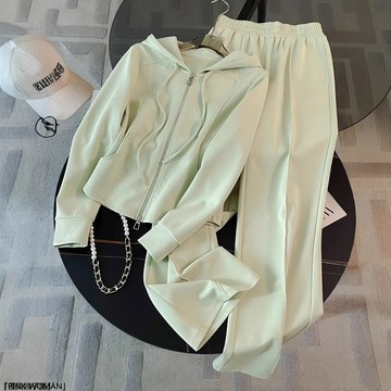 秋冬季顯瘦薄荷曼波風炸街套裝女連帽衛衣高腰闊腿褲休閒兩件套女