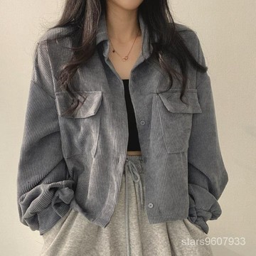 大碼女裝💖韓國chic秋季法式複古百搭單排扣翻領短款燈芯絨襯衫長袖外套女潮 R2YR