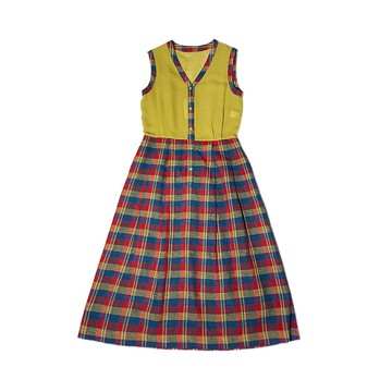 日本古著格子拼接無袖洋裝