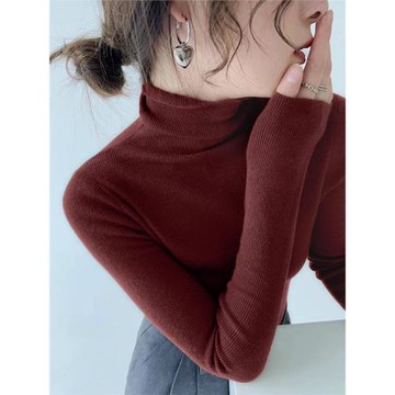 安哥拉紅長袖針織打底衫女內搭羊毛堆堆領春季2025新款高級感上衣