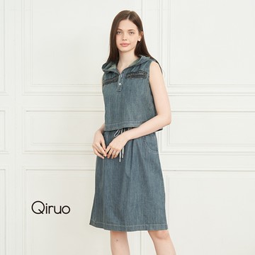 【Qiruo 奇若名品】春夏專櫃 假兩件無袖牛仔裙(休閒帽T設計 8156F)