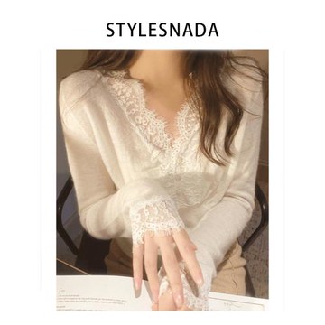韓國STYLESNADA2025年款白色蕾絲花邊針織衫女設計感v領內搭上衣
