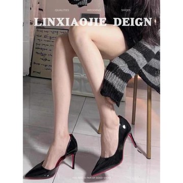 黑色側空紅底高跟鞋女細跟2025年春秋新款尖頭漆皮性感職業單鞋女