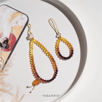 「秋日私語」天然琥珀蜜蠟漸變手機鏈高品質防摔手機掛件繩女手捻